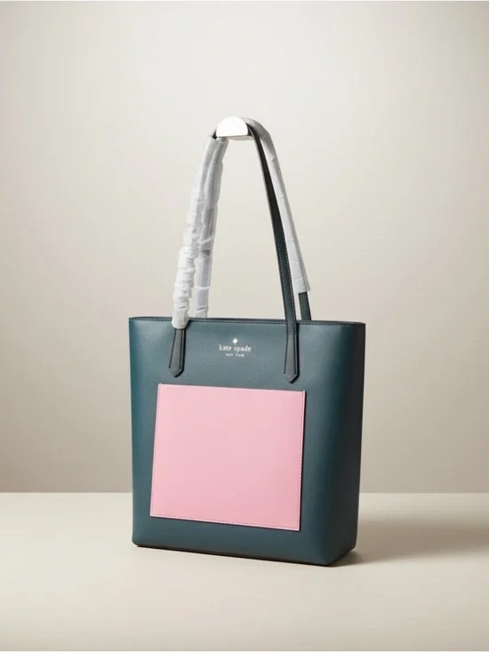 Kate Spade Colorblock Tote NWT Green Pink Leather Zip - Picture 2 of 16